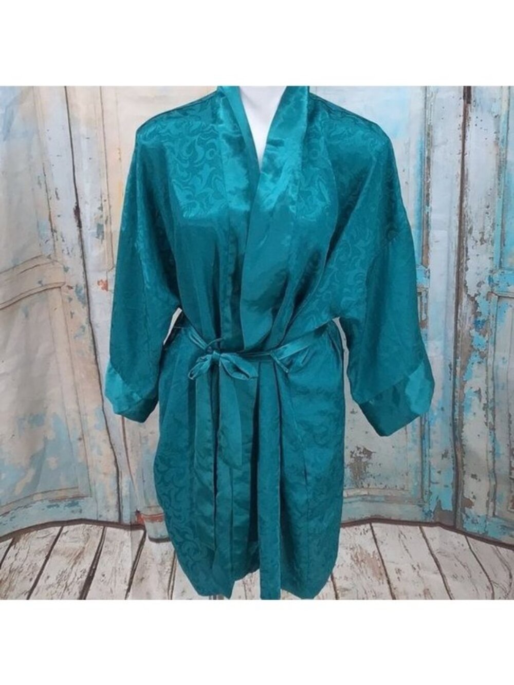 Victorias Secret Teal Satin Polyester Robe Kimono Pockets Belt One Size Fits All